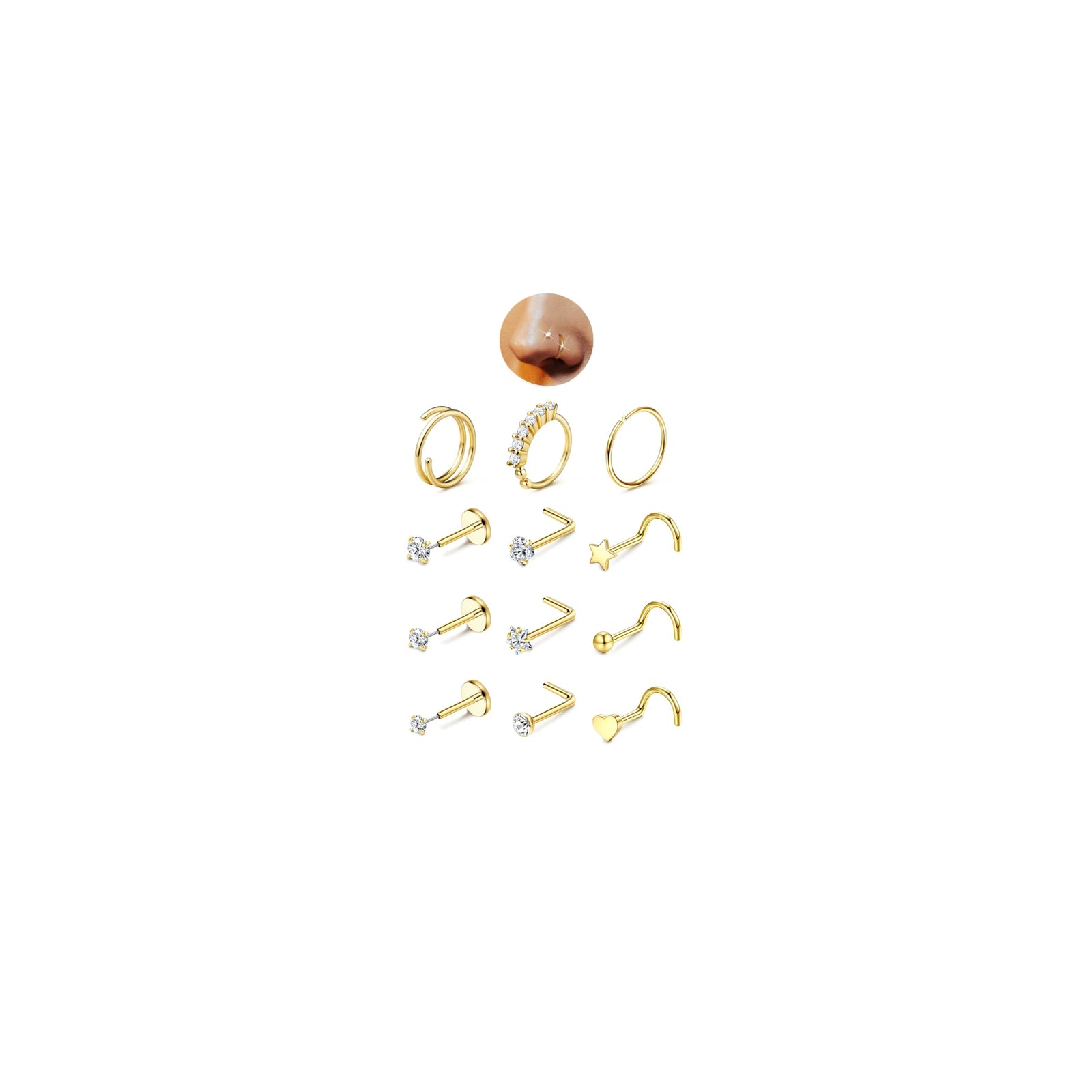 JeryWe Nose Rings for Women - 14K Gold Filled Hypoallergenic Surgical Steel Nose Ring Hoops CZ Lip Ring Screw L Shaped Studs Threadless Flat Back Stud Nose Piercings Jewelry for Women Men CZ
