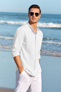 Makkrom Men Linen Shirt Button Down Long Sleeve Cotton Beach Band Collar Casual Summer Shirts