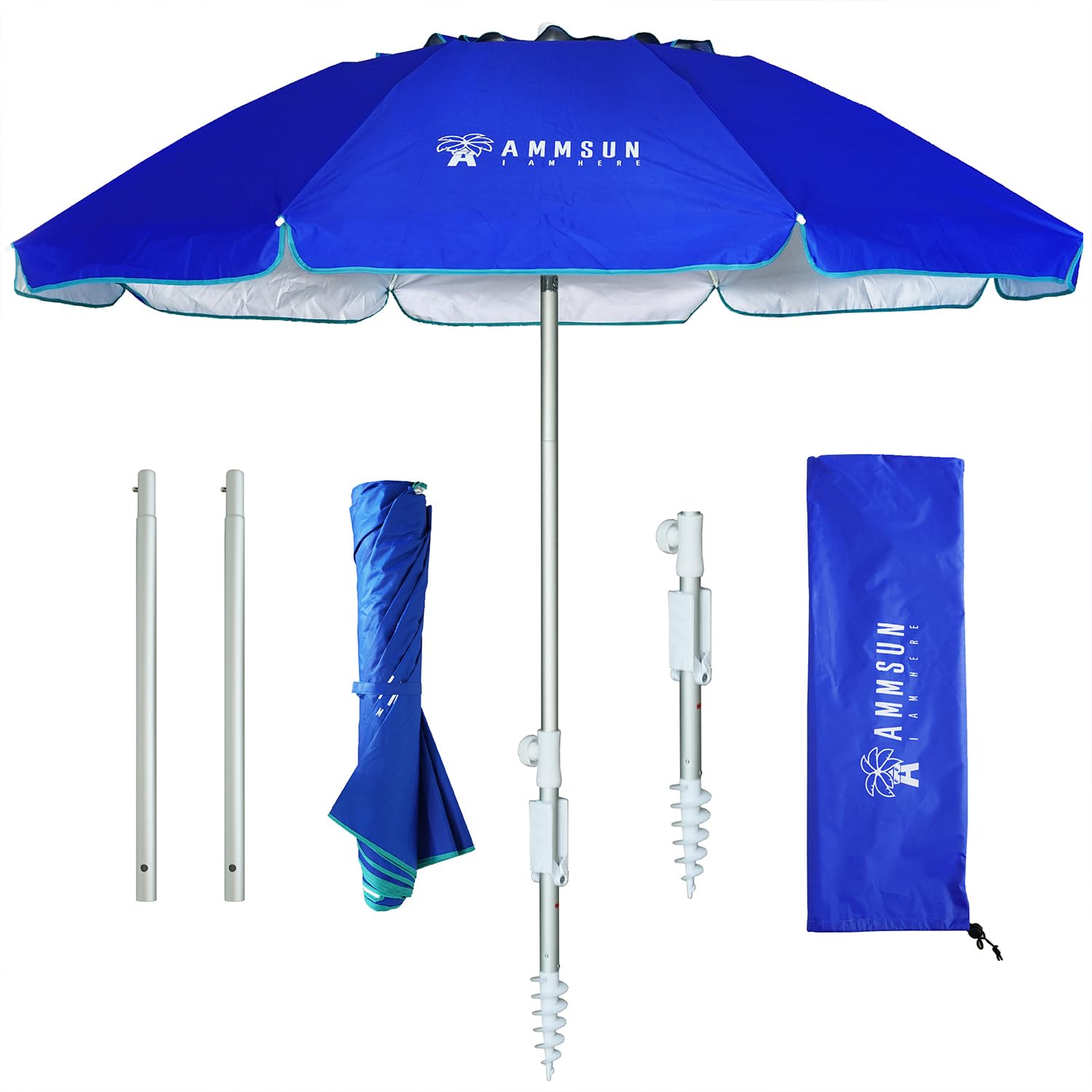 AMMSUN 6.5ft twice folded Portable beach umbrella with sand anchor windproof, Push Button Tilt and Air vent UPF 50+ Protection Fits in a large Suitcase for Patio Garden Beach Pool Backyard Blue