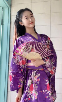 Japanese Anime Women's Dance Kimono Robe Fancy Dress Yukata Silk Folding Fans Tabi Hairstick Socks Set Purple Large