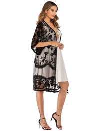 Womens Lace kimono cardigan Sheer Beach Blouses Long Bikini Coverup Vintage Top(Black)