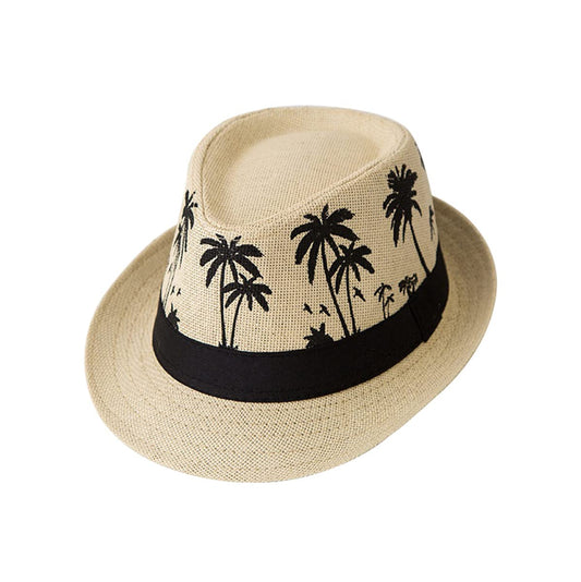 ECYC Ltd Unisex Panama Straw Hats Short Brim Fedora Straw Hat Trilby Hat Palm Tree Print Summer Beach Sun Hat Cap for Men Women
