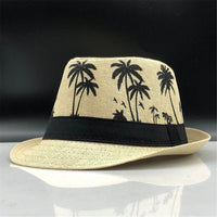 ECYC Ltd Unisex Panama Straw Hats Short Brim Fedora Straw Hat Trilby Hat Palm Tree Print Summer Beach Sun Hat Cap for Men Women