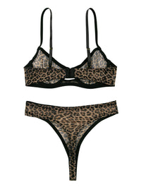 Lilosy Sexy Mesh Sheer Underwire Push Up Lingerie Set Women Cheetah See Through Bachelorette Bra Panty 2 Piece Leopard Medium