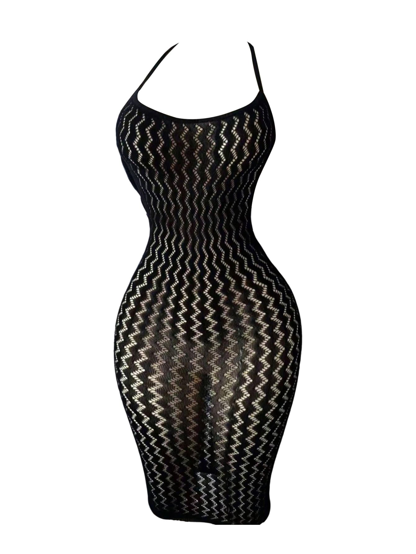 OYOANGLE Women's Fishnet Mesh Halter Lingerie Dress Sexy Bodycon Hollow Out See Through Chemise Beach Cover Up Dress Black One Size