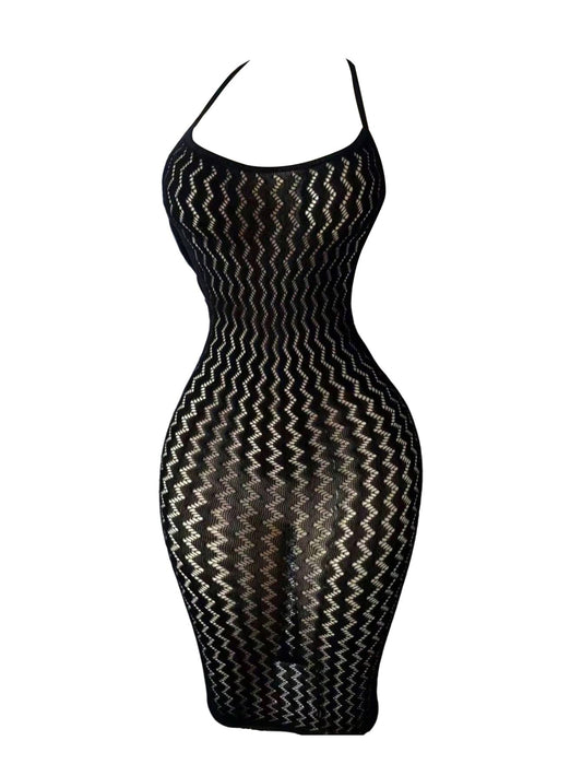 OYOANGLE Women's Fishnet Mesh Halter Lingerie Dress Sexy Bodycon Hollow Out See Through Chemise Beach Cover Up Dress Black One Size