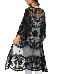 Womens Lace kimono cardigan Sheer Beach Blouses Long Bikini Coverup Vintage Top(Black)