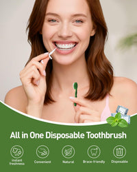 nicedae Disposable Mini Travel Toothbrush Bulk with Toothpaste 5in1 60Ct Portable Toothbrushes Set Floss Pick Tongue Scraper Cruise and Travel Essentials (Green)