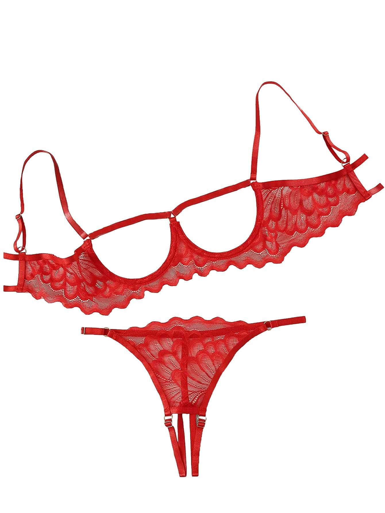 Lilosy Women's Sexy Underwire Floral Lace Sheer Bachelorette Lingerie Set See Through Bra and Panty 2 Piece Red Medium