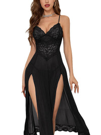 Foxiny Sexy Split Mesh Lace Floral Sheer Babydoll Lingerie Outfit Dress 2 Piece with Thong Set Women Slit Chemise Negligee Long Black Medium