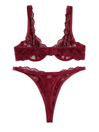 Lilosy Sexy Floral Lace Scallop Underwire Push Up Sheer Lingerie Set Outfits Women See Through Match Thong Bra and Panty 2 Piece Burgundy Red #2 Medium