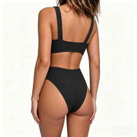 geluboao Womens Black High Wasited Bikini Set Solid Padded Push Up Swimsuit Cheeky Brazilian Cut Thong 2 Piece Bathing Suit S