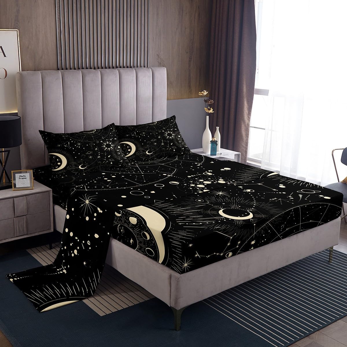 Feelyou Sun and Moon Fitted Sheet Boho Exotic Bedding Set Galaxy Astrology Bed Sheet Set for Boys Girls Kids Teens Bedroom Decor Chic Cute Luxury Zodiac Signs Bed Cover Bedding Sheet Queen Size 4Pcs