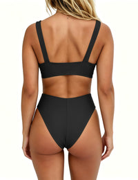 geluboao Womens Black High Wasited Bikini Set Solid Padded Push Up Swimsuit Cheeky Brazilian Cut Thong 2 Piece Bathing Suit S
