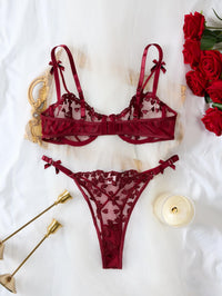 Lilosy Sexy Cute Underwire Push Up Strappy Heart Embroidered Mesh Sheer Lingerie Set for Women Bachelorette See Through Bra and Panty 2 Piece Bow Burgundy Red Medium