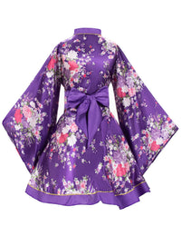 Japanese Anime Women's Dance Kimono Robe Fancy Dress Yukata Silk Folding Fans Tabi Hairstick Socks Set Purple Large
