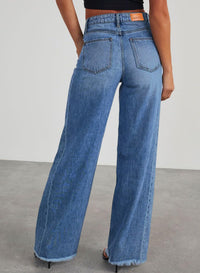 Sidefeel Women's Wide Leg Jeans High Waisted Stretchy Raw Hem Denim Pants Size 8 Blue