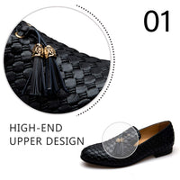 Men's Vintage Velvet Embroidery Noble Loafer Shoes Slip-on Loafer Smoking Slipper Tassel Loafer, Black/01, 9.5 US