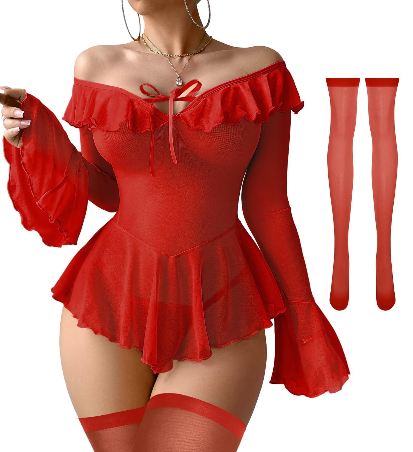 Foxiny Sexy Stocking Sheer Mesh Babydoll Rave Outfits Lingerie Dress Top with Thong 3 Piece Set Women See Through Long Sleeve Off Shoulder Pajamas Negligee Night Gown Red Small