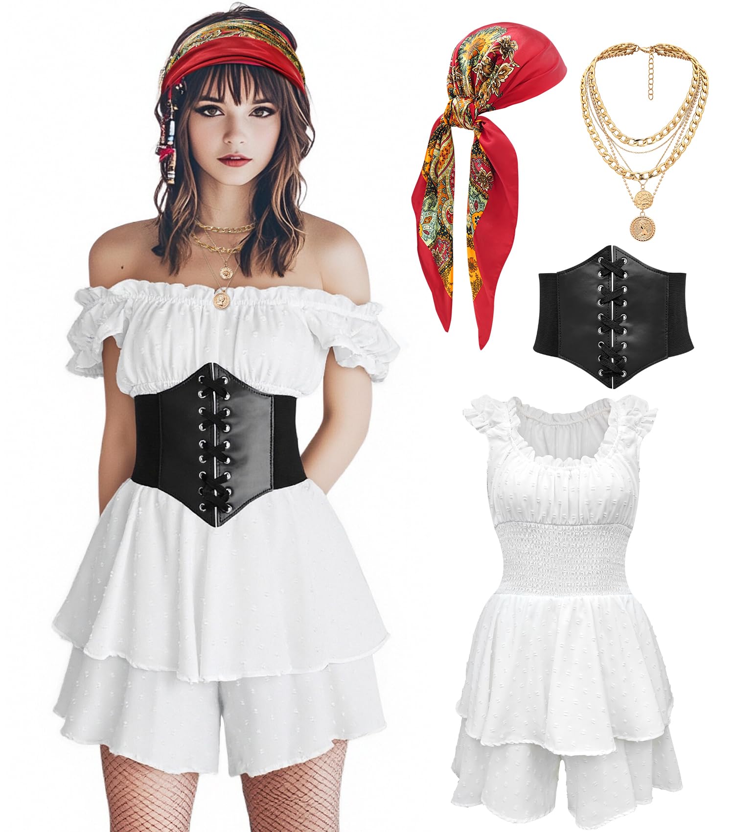 minkasic Womens Pirate Costume Dress Pirate Costumes Outfit for Women with Headscarf Corset Accessories 4PCS