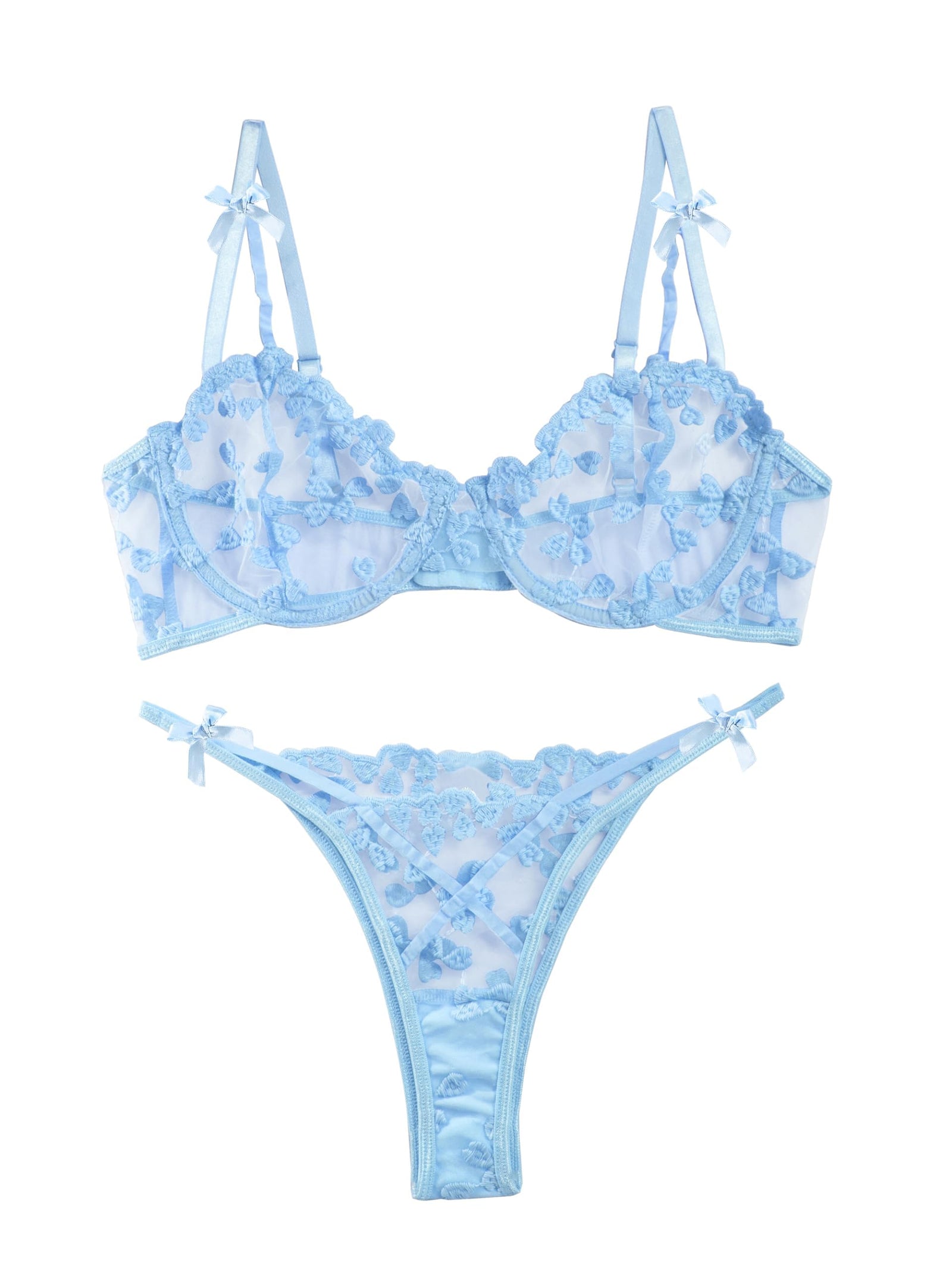 Lilosy Sexy Cute Underwire Push Up Strappy Heart Embroidered Mesh Sheer Lingerie Set for Women Bachelorette See Through Bra and Panty 2 Piece Bow Light Blue Small