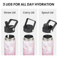 Konokyo 22oz Stainless Steel Bottles with 3 Lids Sport Insulated Water Bottle,Marble Blossom