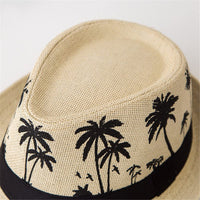 ECYC Ltd Unisex Panama Straw Hats Short Brim Fedora Straw Hat Trilby Hat Palm Tree Print Summer Beach Sun Hat Cap for Men Women