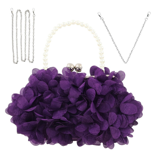 JAMBHALA Women Elegant Evening Purse, Small Floral Clutch Bag with Detachable Chain for Wedding, Party, Prom (Purple)