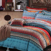 Nanko Queen Duvet Cover Set Boho Red Blue Colorful Retro Striped Print 3pc 90 x 90 Luxury Soft Microfiber Down Comforter Quilt Bedding Cover with Zipper Ties - Bohemian Exotic Style for Men and Women