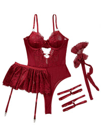 Lilosy Sexy Stocking Rhinestones Heart Garter Underwire Floral Mesh lace Sheer Babydoll Lingerie Teddy Bodysuit Skirt Set Women 2 3 Piece Push Up See Through Burgundy Red Medium