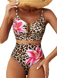 Herseas Women 2 Piece High Waisted Bikini Sets U Wire Floral Print Crisscross Back Swimsuits Adjustable Spaghetti Straps Push Up Bathing Suit Vintage Summer Holiday Outfits Leopard Pink Lily Medium