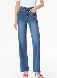 Sidefeel Women's Wide Leg Jeans High Waisted Stretchy Raw Hem Denim Pants Size 8 Blue
