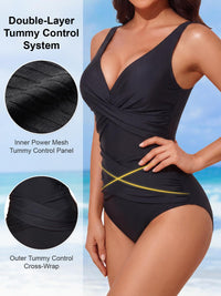 Smismivo Tummy Control Swimsuits for Women Slimming One Piece Bathing Suit Modest Padded Ruched Push Up Long Torso Curvy Shapewear V Neck Criss Cross Swimming Suits Full Coverage Swimwear (Black)