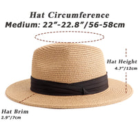 DRESHOW Women Straw Panama Hat Travel Fedora Beach Sun Hat Summer Wide Brim Straw Roll up Hats UPF 50+