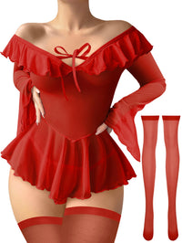 Foxiny Sexy Stocking Sheer Mesh Babydoll Rave Outfits Lingerie Dress Top with Thong 3 Piece Set Women See Through Long Sleeve Off Shoulder Pajamas Negligee Night Gown Red Small
