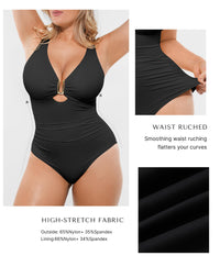 SHAPELLX Tummy Control Swimsuit for Women Ruched V Neck One Piece Bathing Suit Full Coverage Shapewear Swimsuits Black L
