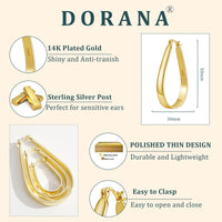 DORANA Large 14K Gold Plated Hoop Earrings for Women Oval Hoop Earrings Sterling Hoop Earring Lightweight Big Hoops Earrings