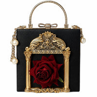 QZUnique Women Love Angel Floral Evening Bag Rose Embossed Formal Purse Clutch Black Gold Crossbody Pearl Chain Shoulder Bag