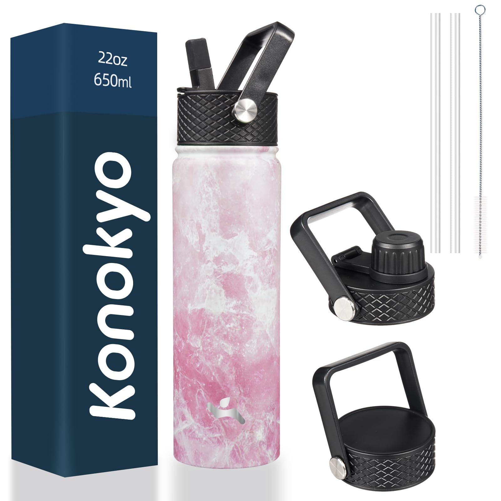 Konokyo 22oz Stainless Steel Bottles with 3 Lids Sport Insulated Water Bottle,Marble Blossom