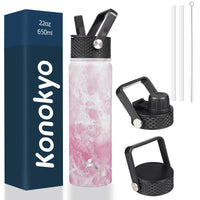 Konokyo 22oz Stainless Steel Bottles with 3 Lids Sport Insulated Water Bottle,Marble Blossom