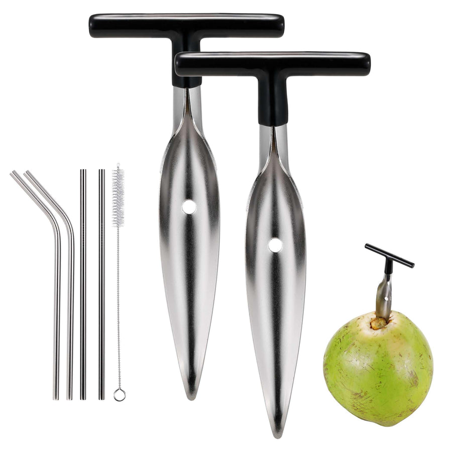 2 Pack Coconut Opener Tool Set with 4 Reusable Straws & Brush