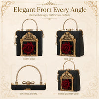QZUnique Women Love Angel Floral Evening Bag Rose Embossed Formal Purse Clutch Black Gold Crossbody Pearl Chain Shoulder Bag
