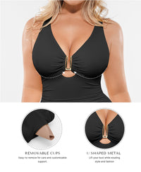SHAPELLX Tummy Control Swimsuit for Women Ruched V Neck One Piece Bathing Suit Full Coverage Shapewear Swimsuits Black L
