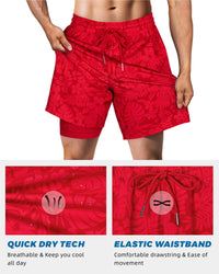 SURF CUZ Mens Swim Trunks with Compression Liner Quick Dry Swim Shorts 7" Swimming Trunks Stretch Zipper Pockets,Red Leaves,M