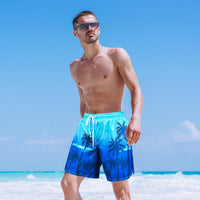 OlyPegic Mens Swim Trunks 7 Inch Bathing Suit Mens Swimwear Shorts Quick Dry Swim Trunks with Compression Liner Coconut Tree with Zipper Pock