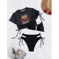 Sexybody Women's 3 Piece Swimsuit Halter String Bikini Tie Side Mesh Short Sleeve Bathing Suits