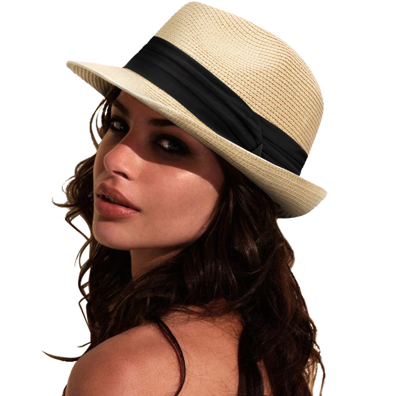 DRESHOW Women Straw Sun Hat Short Brim Panama Travel Fedora Summer Hat Roll Up Beach Cap for Women UPF 50+