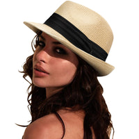 DRESHOW Women Straw Sun Hat Short Brim Panama Travel Fedora Summer Hat Roll Up Beach Cap for Women UPF 50+