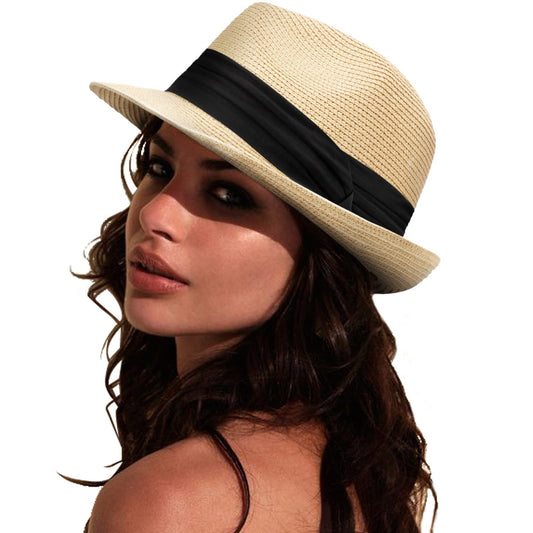 DRESHOW Women Straw Sun Hat Short Brim Panama Travel Fedora Summer Hat Roll Up Beach Cap for Women UPF 50+