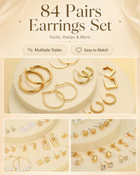 84 Pairs Gold Stud Earrings Set for Women Multipack, Fashion Pearl Cubic Zirconia Butterfly Earrings Packs Piercings, Hypoallergenic Stud Hoops Earrings for Gift
